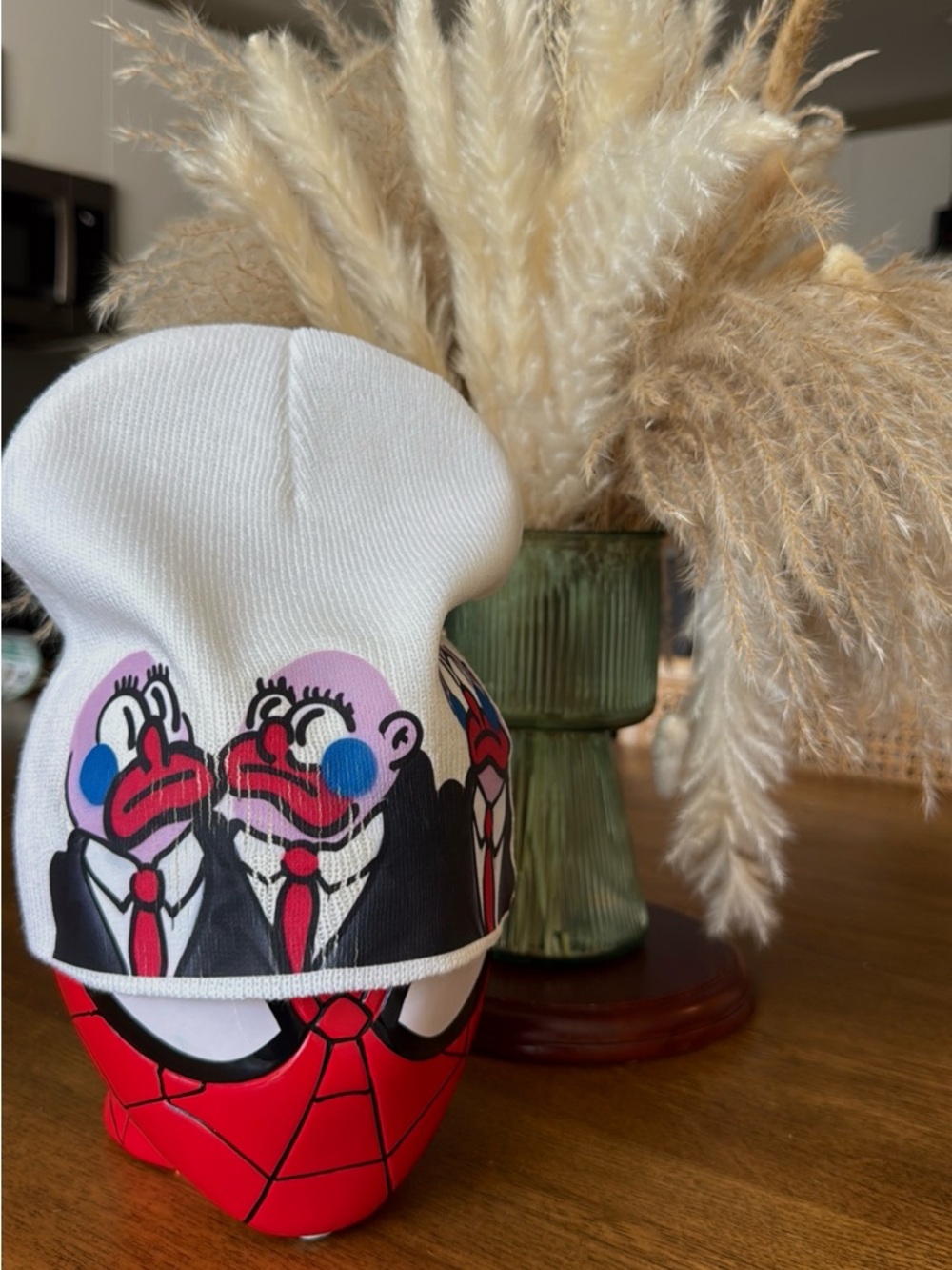 White Kids Beanie Hat with Clown Graphic - Fun Cartoon Design